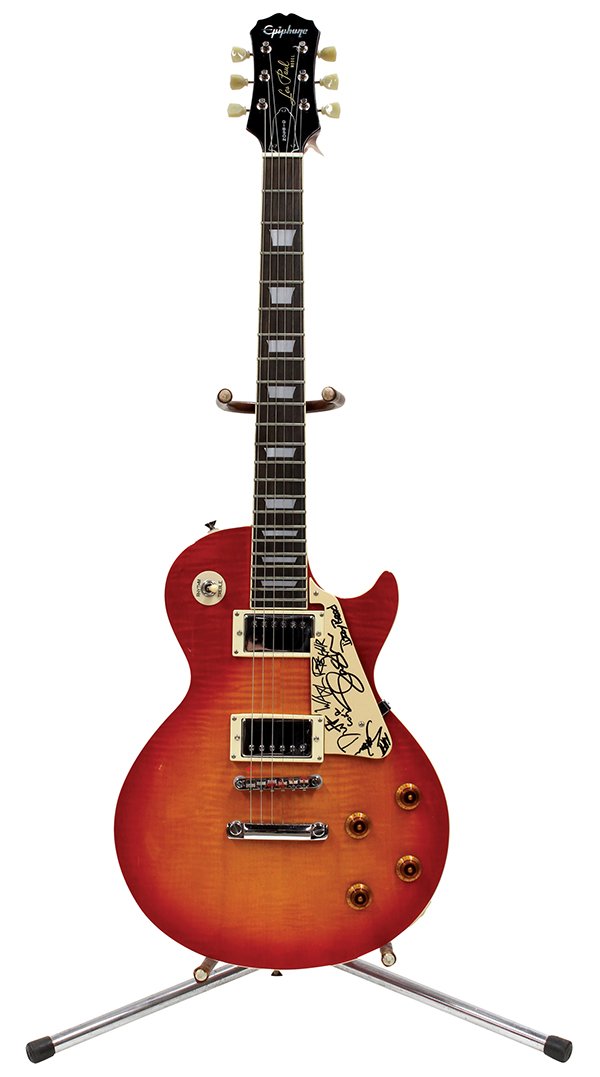 Guns and Roses band signed Gibson Epiphone Les Paul: Guns and Roses band signed Gibson Epiphone Les Paul cherry sunburst guitar, signed by Axl Rose, Izzy Stradlin, Slash, Duff McKagan, Dizzy Reed, and Matt Sorum, signed by the band at Geffen Records, Ne