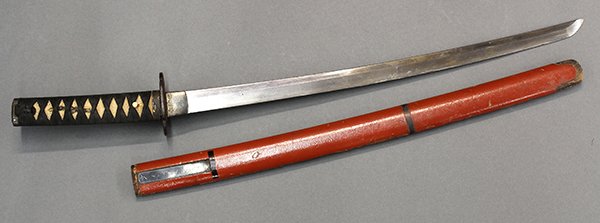 Japanese Sword, Wakizashi, 17c: Japanese wakizashi (sword), early Edo period, lacquered red wooden saya, few chips to the blade edge, hacho (blade length): 20"