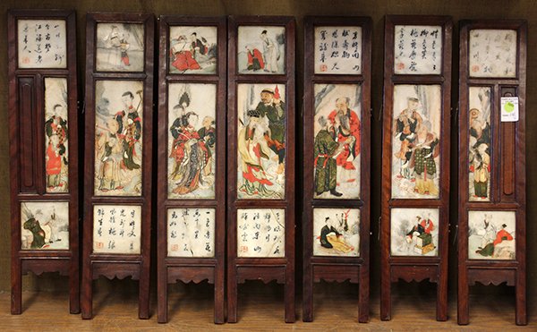 Chinese Marble and Wood Screen: Chinese small seven panel painted marble and wood screen, one side featuring the Eight Daoist Immortals, Xiwangmu and Hehe erxian on the central panels, the upper and lower panels with figures or poet
