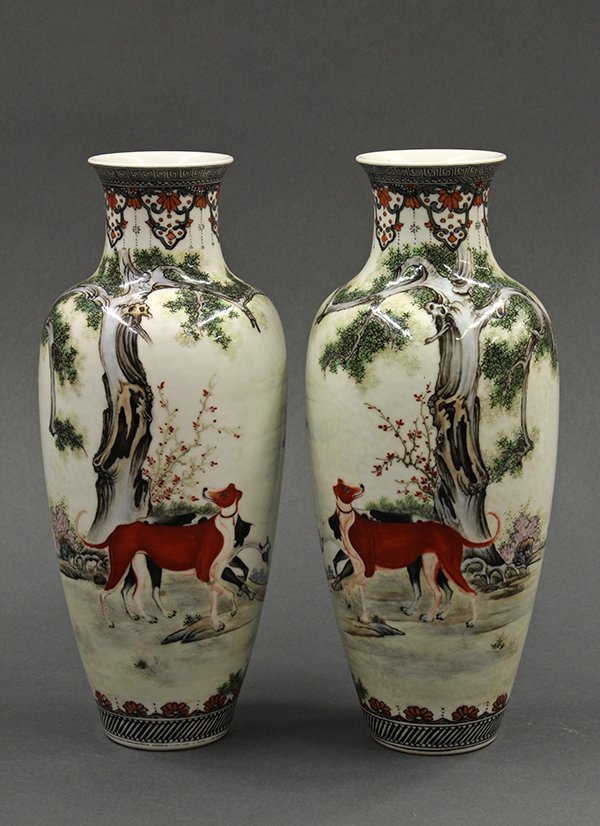 Chinese Porcelain Vases, Marked Wang Yijin: Pair of Chinese enameled porcelain vases, depicting a pair of hounds below a gnarled tree, reversed with a poetic colophon, with cyclical date dingyou, bearing signature 'Wang Yijin' at Zhushan, the r