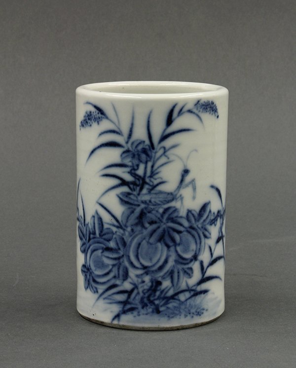 Chinese Blue and White Brush Pot, Melon: Chinese underglaze blue porcelain brush pot, decorated with melons, millet and butterflies in shades of cobalt blue, the base reads 'Qianlong bingwu Guxiang Shuwu', 4.75"h