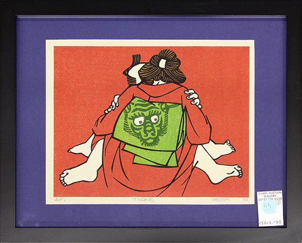 Japanese Woodblock Prints Clifton Karhu: (lot of 3) Clifton Karhu (American/Japanese, 1927-2007), 'Horse', 'Tiger', 'Cock' from the 'Zodiac Series of Erotica', lower margin with the signature, title, edition number, dated 1972, sight: 8.25"h