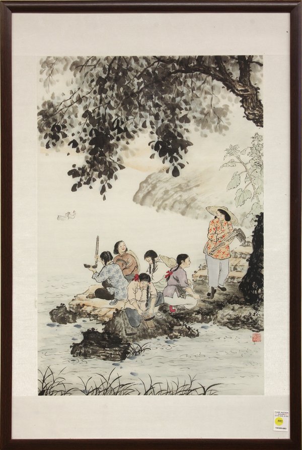 Chinese Painting, Qian Songyan (after), Figures: After Qian Songyan (Chinese, 1899-1985), Ladies Sharpening Sickles, ink and color on paper, the lower right bearing signature and seal 'Qian Songyan', painting: 29.5''h x 19.75''w, overall: 39.125''h 