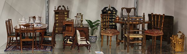 Collection of associated doll/dollhouse furniture and: (lot of 50) Collection of associated doll/dollhouse furniture and accessories, some 19th century, including Chippendale style dining and living room suites, highboys, Victorian hall chairs, fall front