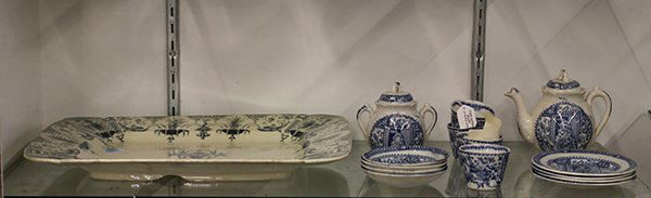 Collection of English tableware: (lot of 15) Collection of English tableware consisting of a rectangular ironstone platter (chip on foot), 13.5"h x 17"w; together with a fine Staffordshire blue and white child's tea set, tea pot: 5.5