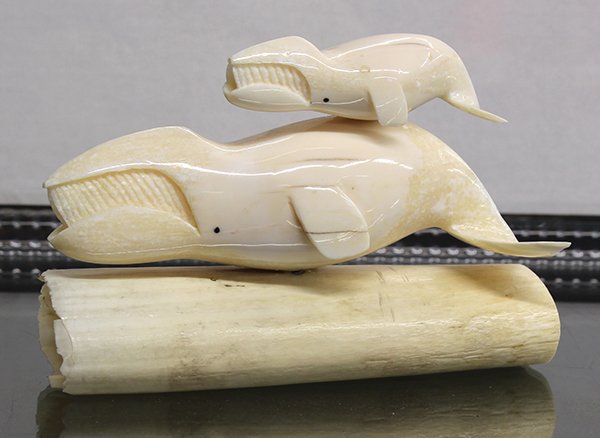 Marine ivory carving: Marine ivory carving of mother baleen whale carrying an infant on her back; 4"h x 6"l x 2"w.