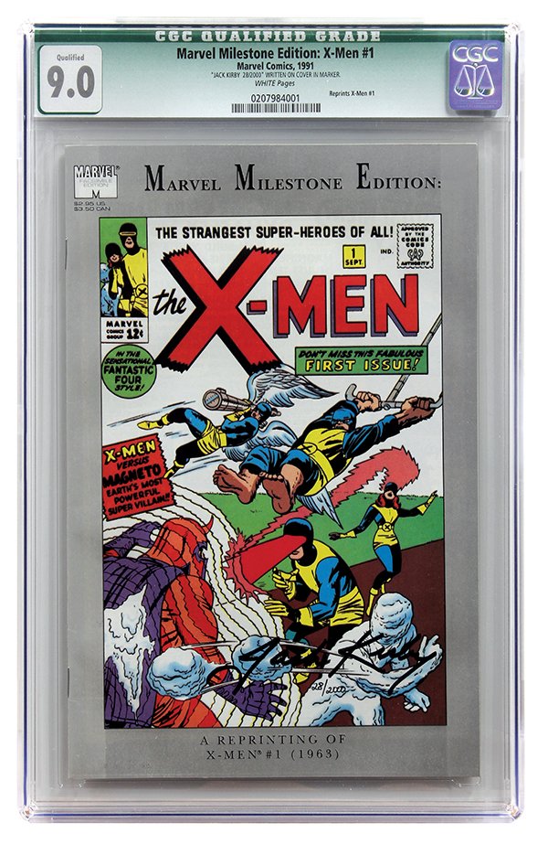 Marvel Milestone Edition: X-Men #1, Marvel Comics, 1991: Marvel Milestone Edition: X-Men #1, Marvel Comics, 1991, signed "Jack Kirby, 28/2000" on cover in marker, white pages. CGC Qualified Grade 9.0