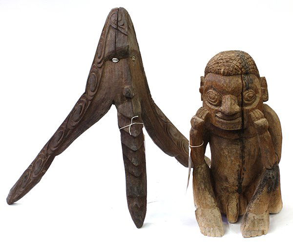 Papua New Guinea wood carvings: (lot of 3) Papua New Guinea wood carvings consisting of a Keram River style male ancestor figure having defined natural characteristics, and depicted in a seating position having elbows on knees with