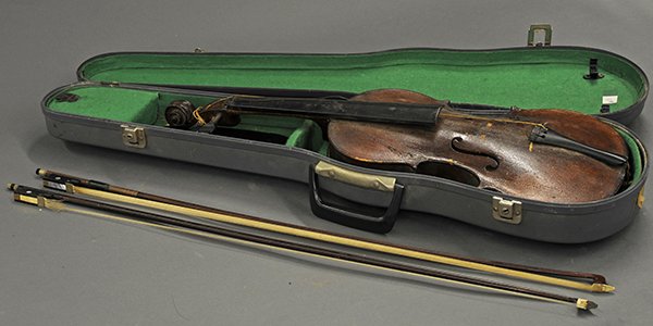 Antique German violins: (lot of 2) Antique German violins, consisting of a circa 1885 Stainer reproduction student violin with (2) bows and a hard case, 24"l., together with a student Stradivarius reproduction with (1) bow a