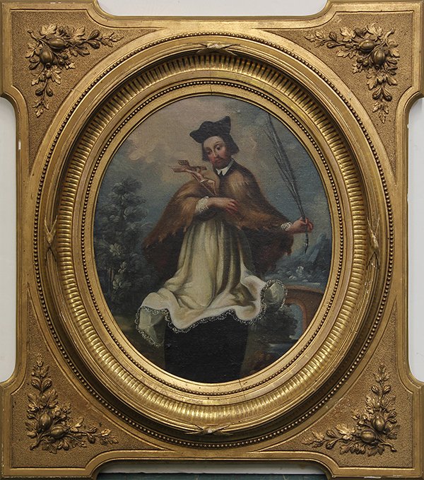 19th c. Painting, Saint with Crucifix: Continental School (19th century), Saint with Crucifix, oil on canvas, unsigned, overall (with irregular frame): 24.25''h x 21.5''w