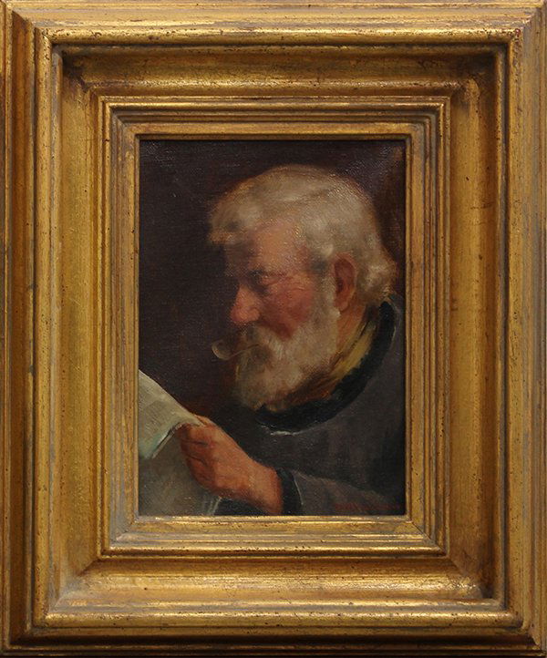 Painting, Portraits: (lot of 2) P.W. Haddum (Continental School, 20th century), Portrait of an Old Woman with a Cup of Tea & Portrait of an Old Man Smoking a Pipe and Reading the Paper, oils on canvas, signed lower left/s