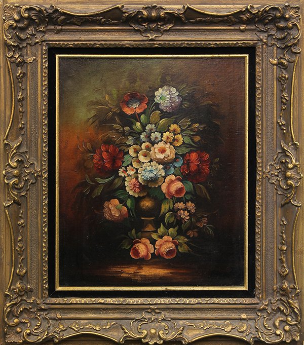 20th c. Painting, Floral Still Life: Continental School (20th century), Floral Still Life, oil on canvas, unsigned, overall (with frame): 29.5''h x 25.5''w