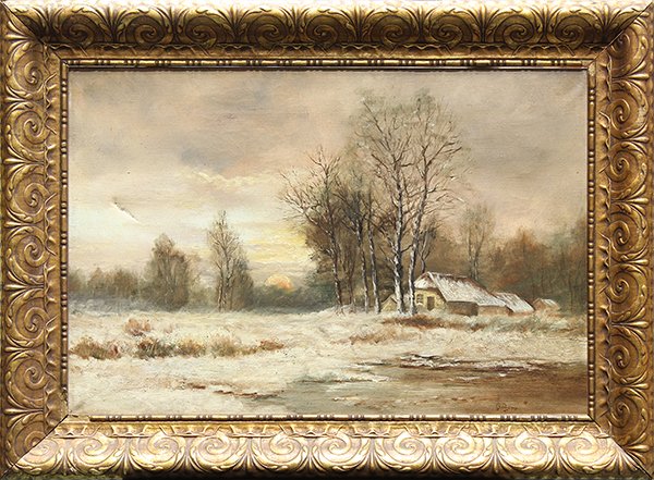 Painting, Snowscape with Sunset and Farmhouse,: Continental School (20th century), Snowscape with Sunset and Farmhouse, signed indistinctly lower right, overall (with frame): 22.5''h x 30.5''w. Provenance: From the San Anselmo Estate of a Danish Di