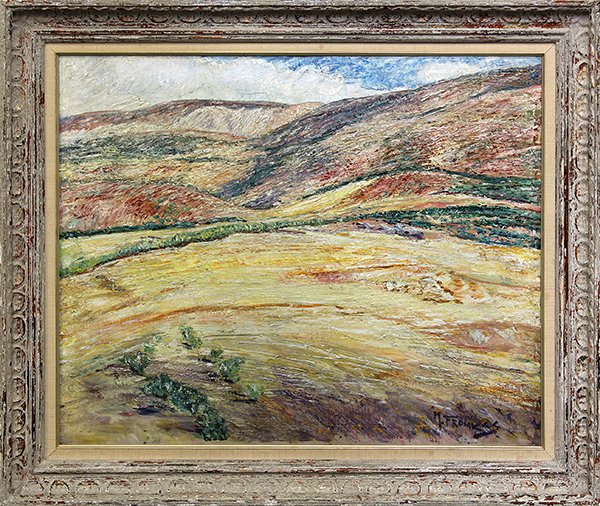 Painting, Maurice Fromkes, "Andalusian Fields": Maurice Fromkes (American, 1872-1931) "Andalusian Fields," oil on canvas, signed lower left, The Mich Galleries (New York, NY) gallery title label affixed verso, overall (with frame): 29''h x 34''w