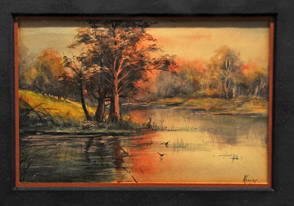 Watercolor, Sunset by the Stream: Sunset by the Stream, watercolor, signed "Knorer" lower right, 20th century, overall: 14.75"h x 17.5"w