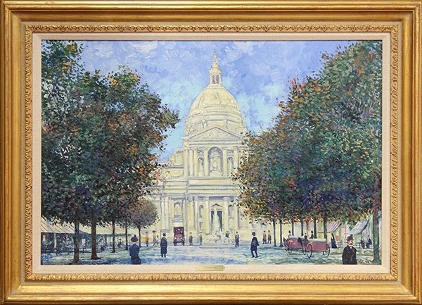 Painting, John Morris, French Boulevard Scene: John Morris (American, b.1936), French Boulevard Scene, oil on canvas, signed lower right, depiction date "1912" inscribed lower right, sight: 23.5"h x 35.5"w, overall (with frame): 31.75"h x 44.25"w