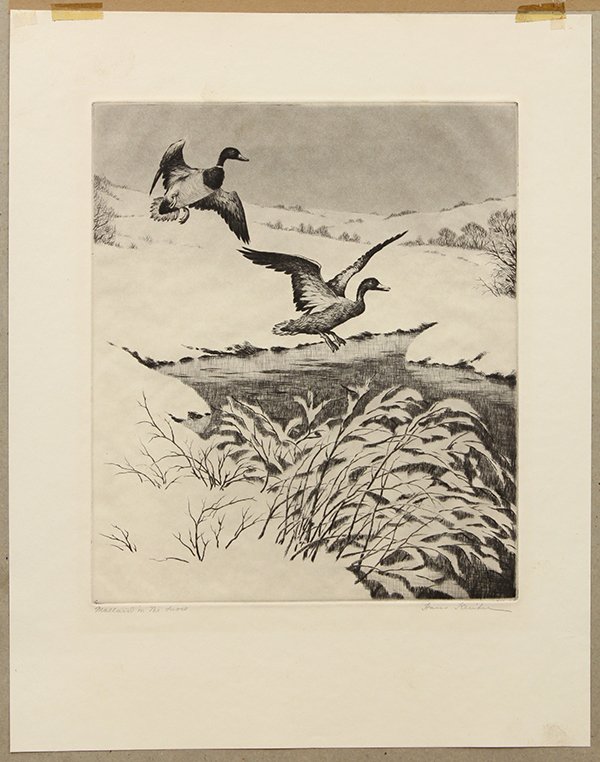 Etchings, Hans Kleiber, Churchill Ettinger, Ducks: (lot of 2) Hans Kleiber (German/American, 1887-1967), "Mallards in the Snow," etching and Churchill Ettinger (American, 1903-1984), "Ducks and Drakes," etching, both pencil signed and titled within lo