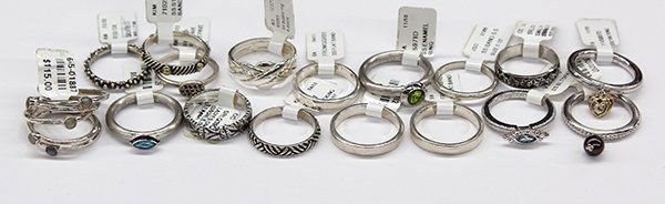 Collection of rings silver enamel ruby blue topaz: (Lot of 16) Rings mostly of sterling silver. Some having ruby, blue topaz, black pearl and other accents. Five rings are stamped "925 Gabriel & Co." and one ring is stamped "Octavia Sterling". Provena