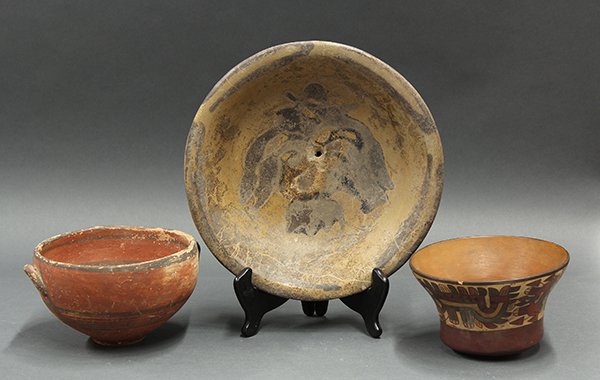 (lot of 3) Pre Columbian vessels: (lot of 3) Pre Columbian vessels, including a redware Cypriot vessel retaining museum accession numbers to underside, and a Nazca, Peru polychrome decorated bowl (A.D 100-600) having a flaring rim, th