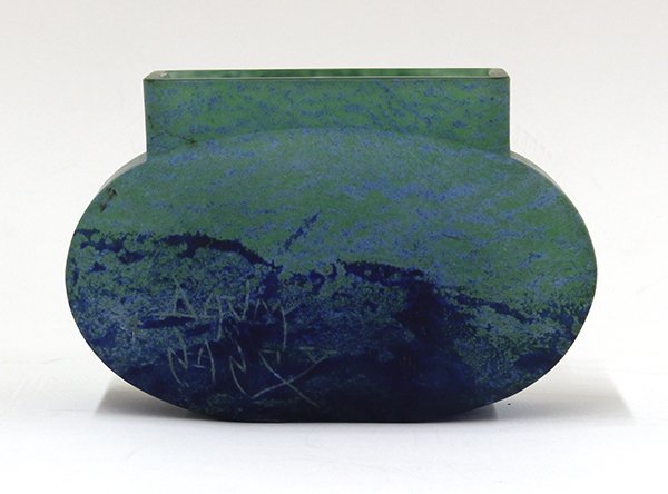Daum Nancy, France, art glass vase: Daum Nancy, France, art glass vase, executed in mottled azure over emerald in low pillow form, having etched signature 'Daum Nancy,' 5'h x 6.5"w x 2.5"d