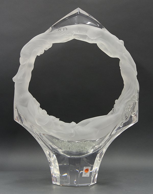 Art Nouveau style figural centerpiece: Art Nouveau style figural centerpiece, executed in acrylic, the handles depicting conjoined nude maidens continuing around the low slung bowl having faceted sides, base marked Frida Wang, dated 1990 a