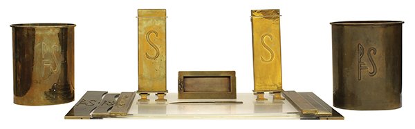 (lot of 9) Dirk Van Erp desk accessories: (lot of 9) Dirk Van Erp, San Francisco, hammered brass desk accessories and wastebaskets, each executed in hammered brass and monogrammed P.F.S, consisting of three blotter ends, calendar holder, lett