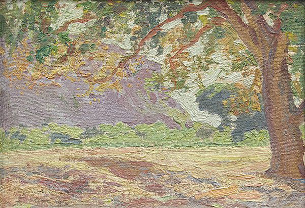 Painting, Maynard Dixon, Hills Through the Oak, 1915: Maynard Dixon (American, 1875-1946), "Hills Through the Oak," 1915, oil on board, signed and dated lower left, board: 6" x 8"