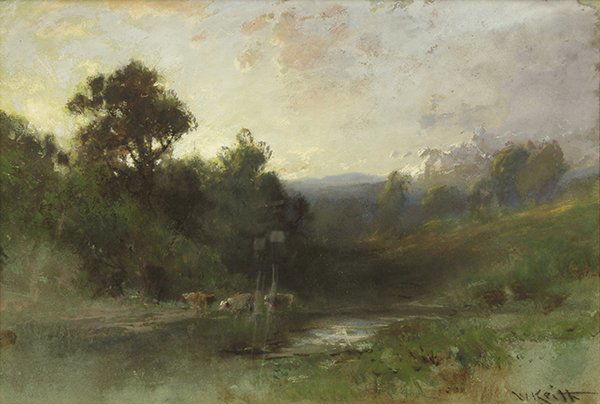 Pastel, William Keith, Cattle Near Stream: William Keith (Californian, 1838-1911), "Cattle Near Stream," pastel, signed and dated lower right, sight: 15.25"h x 22.5"w, overall (with frame): 30.75"w x 38.5"w