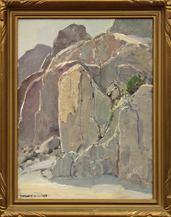 Painting, Frederick William Becker, Bearcreek Canyon,: Frederick William Becker (American, 1880-1974), "Bearcreek Canyon, Pecos, New Mexico," oil canvas board, signed lower left, title inscribed verso, board: 16"h x 12"w, overall: 18.5"h x 14.5"w