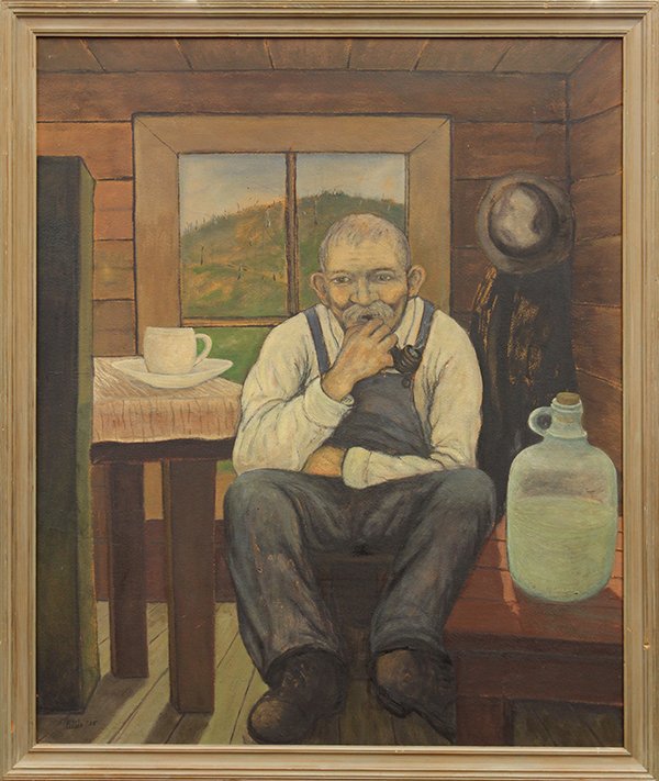 Painting, Earl T Fields, "Abel the Bachelor": Earl T. Fields (American, b.1900), "Abel the Bachelor," 1935, oil on board, signed and dated lower left, title label affixed verso, board: 37.75"h x 31.75"w, overall (with frame): 41.5"h x 35"w. Prove