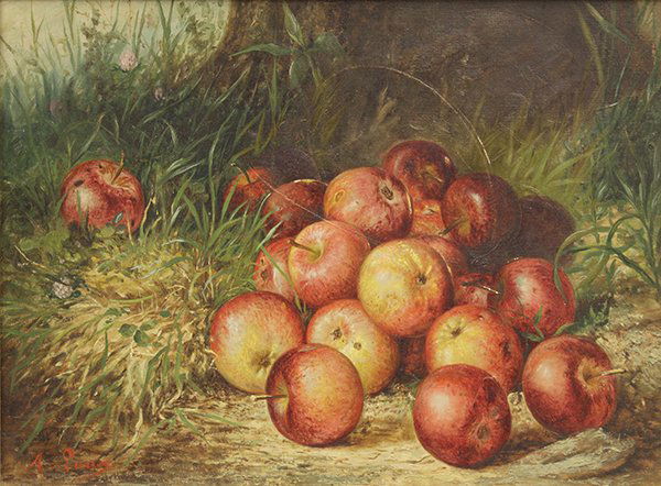 Painting, August Laux, Still Life with Apples: August Laux (American, 1847-1921), Still Life with Apples, oil on canvas, signed lower right, canvas: 12"h x 16"w, overall (with frame): 20.25"h x 24.5"w
