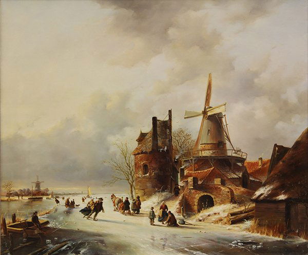 Painting, Dutch School (19th century), Winter Ice: Dutch School (19th century), Winter Ice Skating Scene, 1877, signed and dated "F. Smooleanaers '77" lower right, oil on canvas, canvas: 22"h x 26"w, overall (with frame): 31"h x 35"w. Note: Proceeds t
