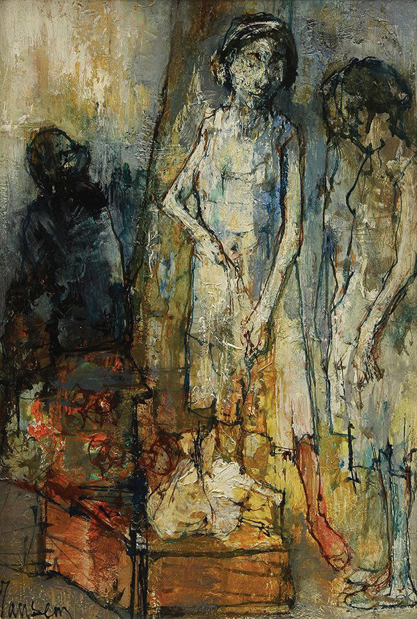 Painting, Jean Jansem, Les Femmes au Marché: Jean Jansem (French, 1920 - 2013), Les Femmes au Marché, oil on canvas, signed lower left, canvas: 14"h x 9.5"w, overall (with frame): 21.75"h x 17.25"w