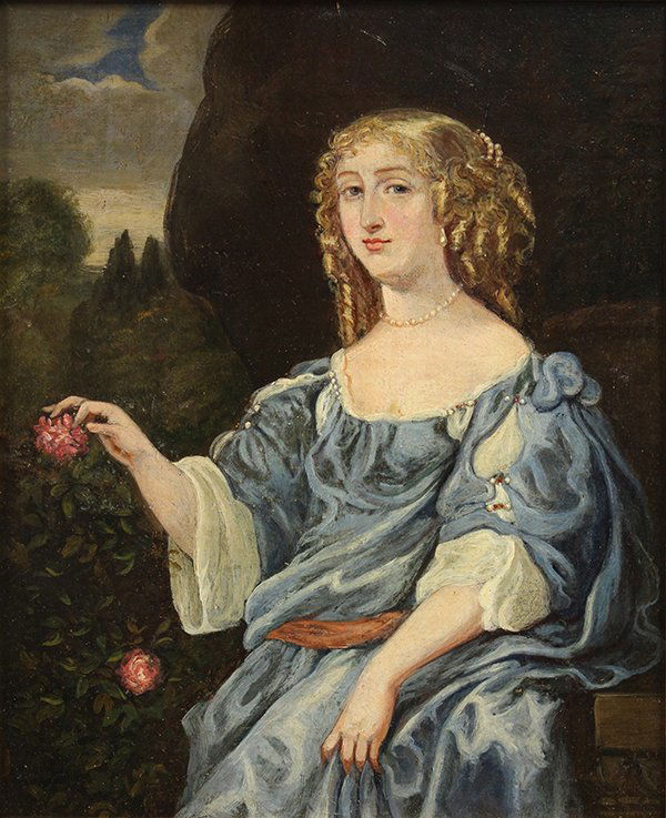 Painting, British School (18th century), Portrait of a: British School (18th century), Portrait of a Lady in a Rose Garden, oil on panel, unsigned, sight: 11.75"h x 9.25"w, overall (with frame): 16"h x 14"w
