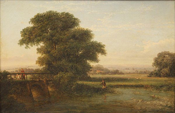 Painting, British School (19th c.), Figures on Bridge: British School (19th century), Figures on Bridge and a Fisherman, signed "WM Williamson" lower left, canvas: 19.5"h x 28.5"w, overall (with frame): 22.5"h x 31.25"w