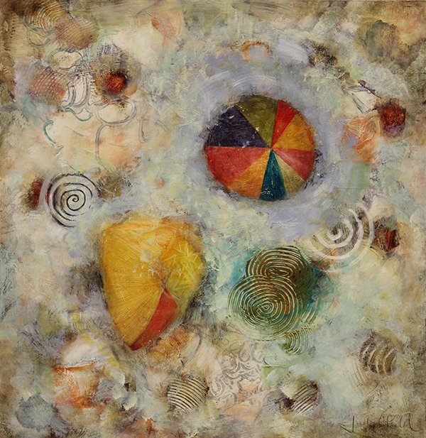 Painting, Judy Child, Aerial Color, 2000: Judy Child (American, Contemporary), "Aerial Color," 2000, oil on paper, signed lower right, gallery label (Elliot Smith Contemporary Art, St. Louis, Missouri) affixed verso, paper: 15.5"h x 15"w, ove