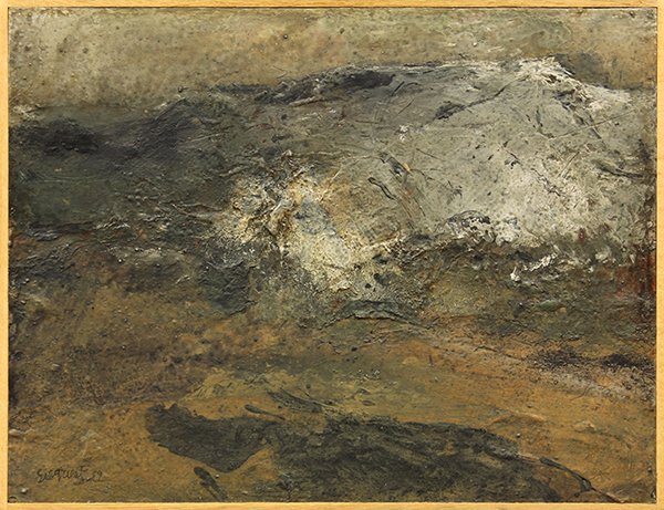 Mixed Media, Louis Siegriest, "Night Desert," 1959: Louis Bassi Siegriest (American, 1899-1989), "Night Desert," 1959, oil on board, signed and dated lower left, titled verso, sight: 18.25''h x 24''w, overall (with frame): 19.25"h x 25"w