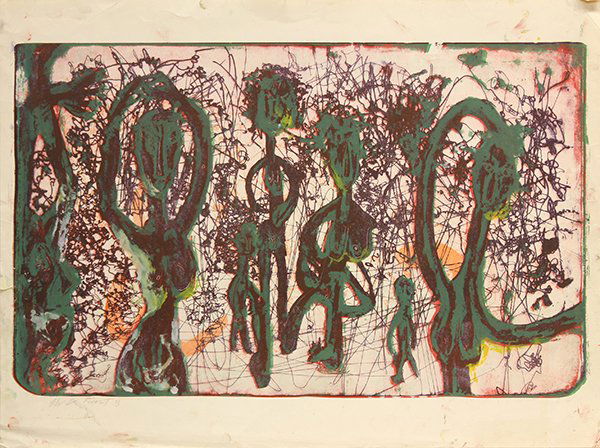 (lot of 2) Lithographs, Roy de Forest: (lot of 2) Roy de Forest (Californian, 1903-2007), Seven Figures, Black and Green (1952) / Abstract Rooster (1952), lithographs, signed "Roy De Forest, '52" lower left by Jose Ramon Lerma (De Forest's