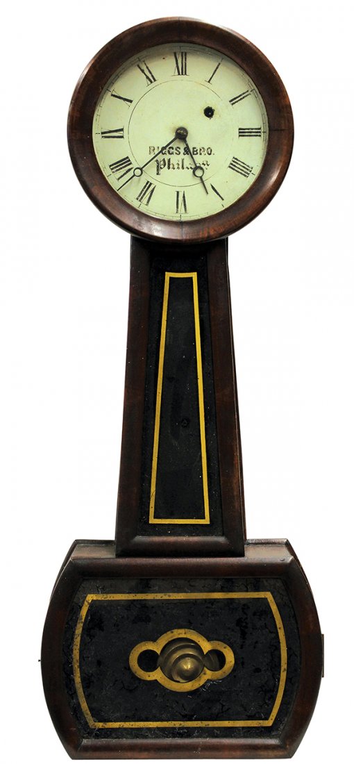 Federal mahogany banjo clock: Federal mahogany banjo clock, Philadelphia circa 1820, the circular dial having Roman markers and marked Biggs and Bro. Phila. (Philadelphia) above the two window case having gilt eglomise decorated p