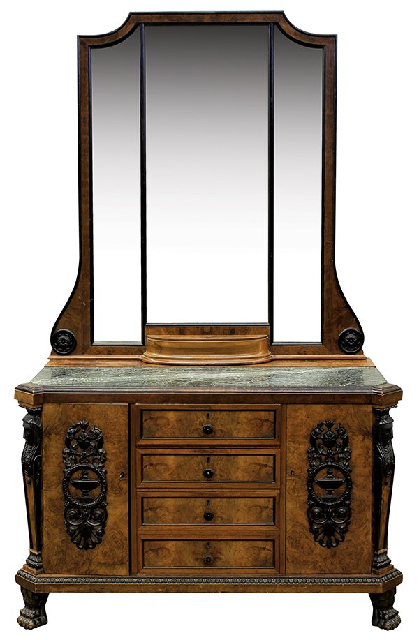 Continental Egyptian Revival mirrored commode: Continental Egyptian Revival mirrored commode, 19th century, the three part looking glass accented with carved rosettes terminating at the partial ebonized marble top case having relief carved pilaste