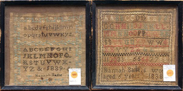 American stitch samplers: (lot of 2) American stitch samplers executed by Hannah Bailie, Philadephia, one executed in 1838, one 1839, each with floral and geometric reserves surrounding the decorated center, overall 10" square
