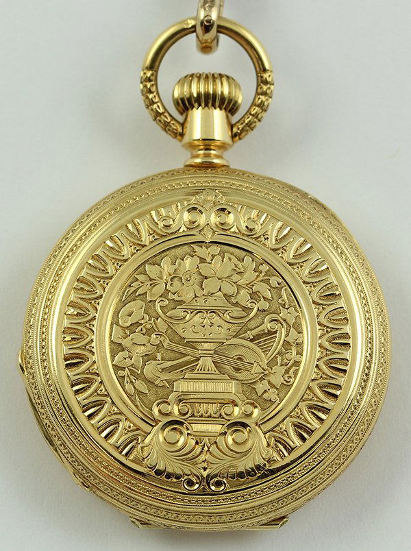 Patek Philippe yellow gold pocket watch pendant: Patek Philippe yellow gold pendant watch finely engraved 18K yellow gold hunting case, inside of case signed 0.750 PP.Co (Patek Philippe), signed on dust cover Patek Philippe & Co. Geneve, early stem