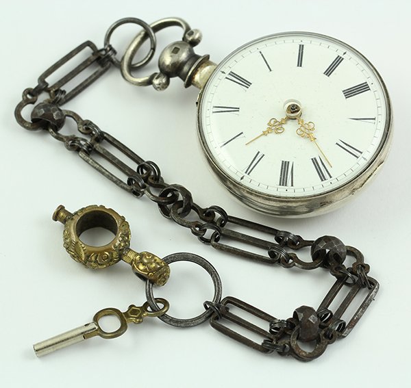 Antique silver pocketwatch chain W.C. Bullingford: Antique silver pear case pocket watch and chain keywind, chain driven fusee, W.C. Bullingford London #2511, 1810-20, 41 mm, solid foot bridge, porcelain dial in excellent condition, Roman numerals, Lo