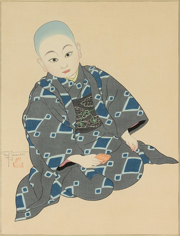 Japanese Woodblock Print Paul Jacoulet Kiyoshi/Tokio: Paul Jacoulet (French/Japanese1896–1960), Kiyoshi 'Tokio', woodblock print, lower left with the signature and seal, lower margin with the title and seal, sight: 15.5"h x 12."w, overall (frame): 20.5