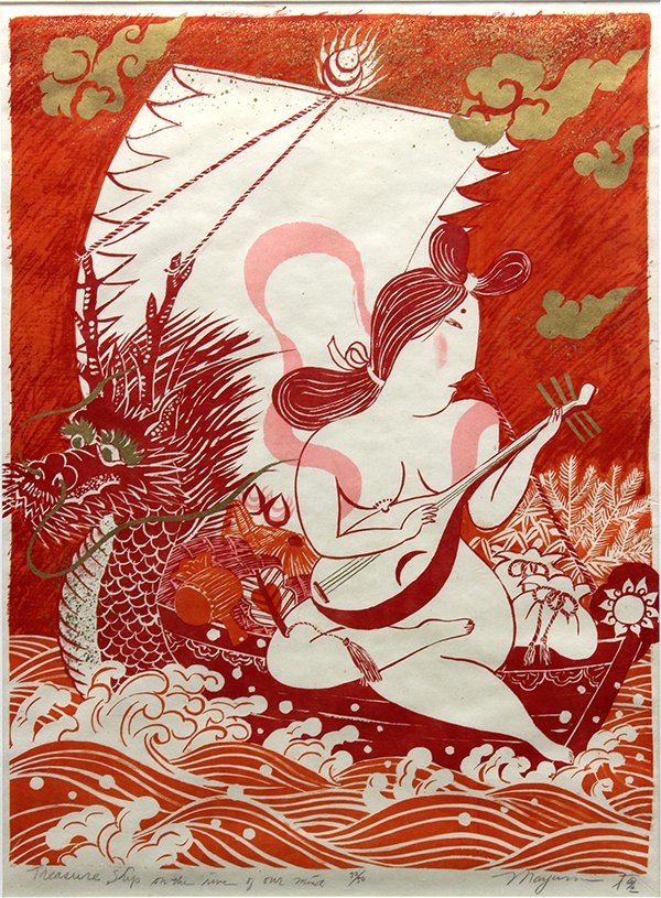 Japanese Modern Woodblock Print Oda Mayumi: Oda Mayumi (Japanese, 1941-), 'Treasure Ship on the River of Our Mind', woodblock print, lower margin with the title, signature numbered 32/50, sight: 22"h x 23.5"w, overall (frame): 46"h x 33.5"w