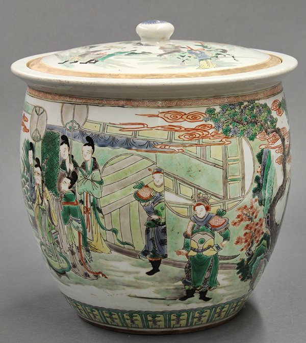 Chinese Large Famille Verte Jar: Chinese famille verte large covered storage jar, of a matriarch and scholars in a garden seated in front of a screen, the lid with a procession scene, 14.5"h
