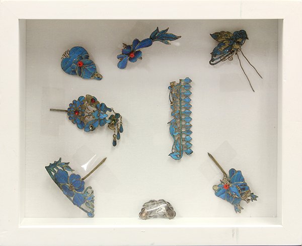 Chinese Kingfisher Hair Pins: (lot of 8) Chinese kingfisher feather jewelry and hair pins, including butterflies and flowers, some accented with beads, shadow box: 10.75"w