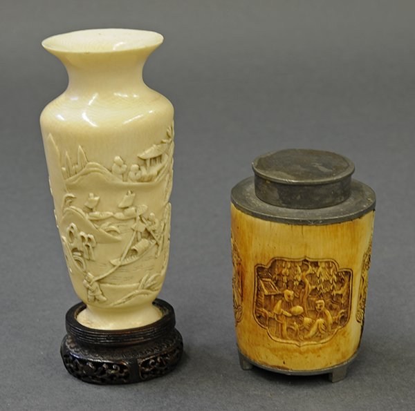 Two Chinese Ivory Vase and Box: (lot of 2) Chinese ivory caddy and vase, Republic period, the first with an ivory exterior carved with figures in reserve, with a pewter core and lid; together with a vase carved with a river scene, r