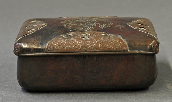 Japanese Patinated Copper Box Meiji/Taisho: Japanese patinated copper box, early 20th century, with rounded corners and the lid decorated with a phoenix in the center and four metal fittings, 4.5"x 4.25" x 2"
