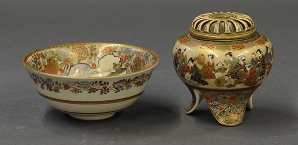 Japanese Kyo-Satsuma Bowl and Censer: (lot of 2) Japanese Kyo-satsuma bowl and censer, Meiji period: the interior of the bowl with various flowers, scenery and a family life of the Edo period, exterior with band and flowers, marked 'Kozan